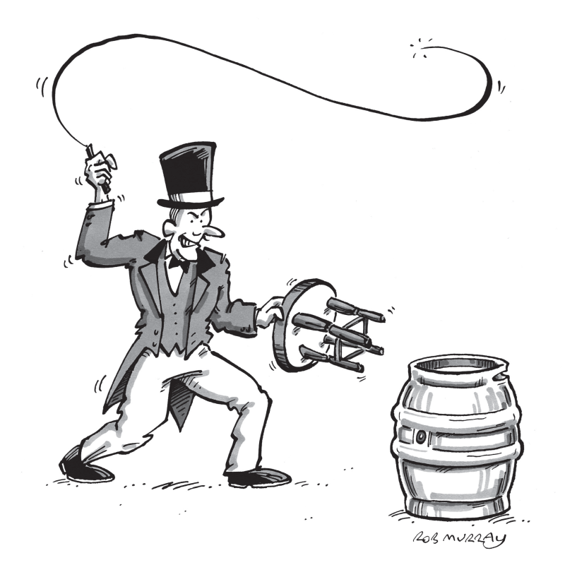 Timothy Taylor's cartoon advert depicting a lion tamer with a whip, trying to tame a cask of Landlord