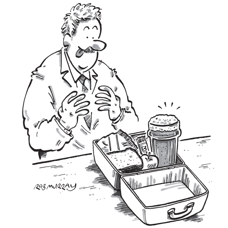 Timothy Taylor's cartoon advert depicting Head Brewer Andy Leman opening his lunchbox to find a pint in there.