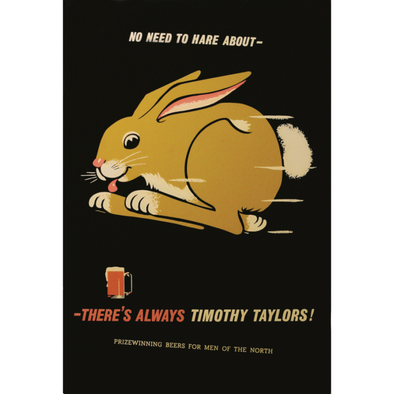 Timothy Taylor's advert with a cartoon hare and the headline 'No need to hare about'