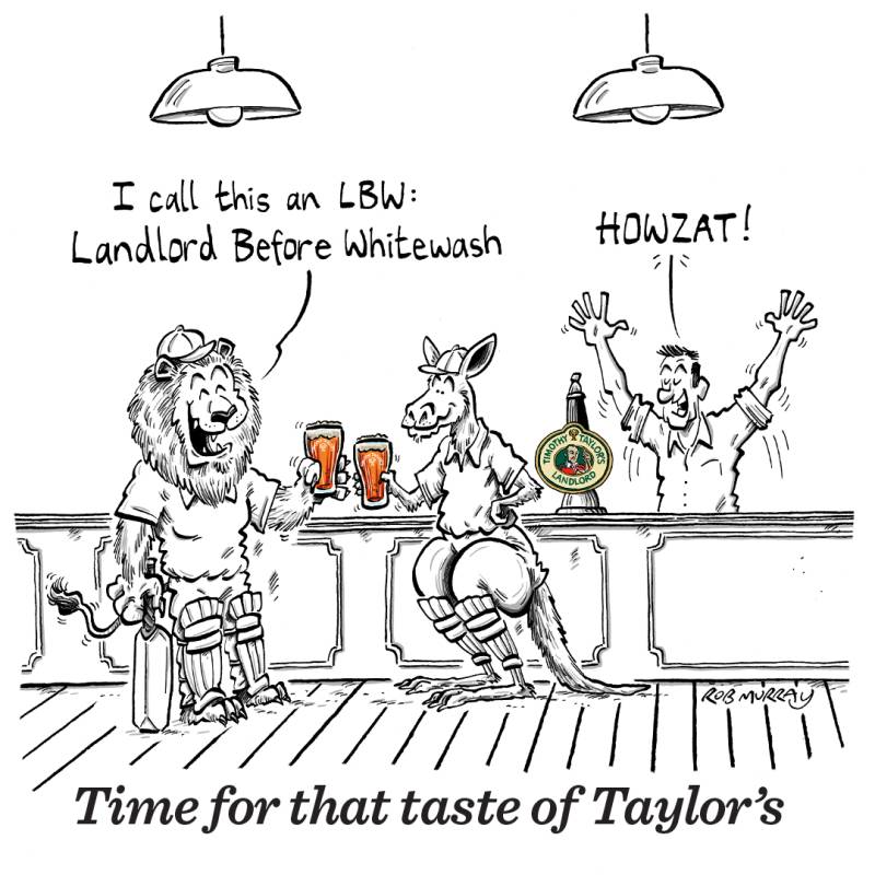 Timothy Taylor's cartoon advert depicting a lion and kangaroo dressed in cricket whites enjoying a pint
