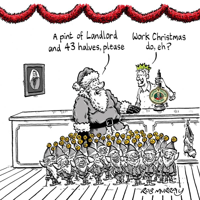 Timothy Taylor's cartoon advert depicting Santa and elves being served at the bar. Santa asks for 'A pint of Landlord and 43 halves'