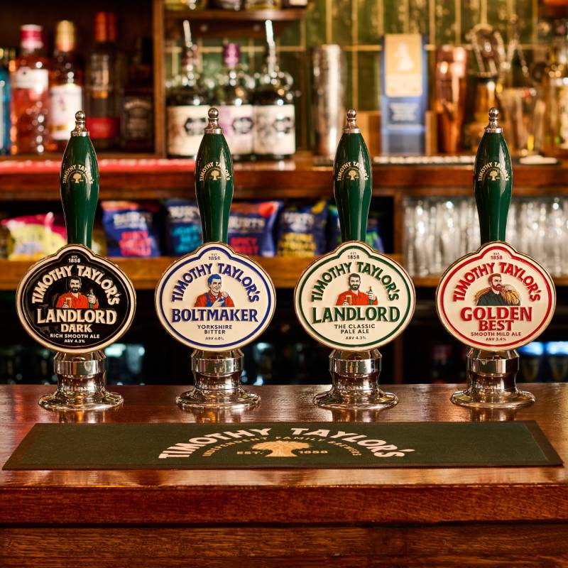 Timothy Taylor's beers on the bar at Taylor's on the Green in Keighley
