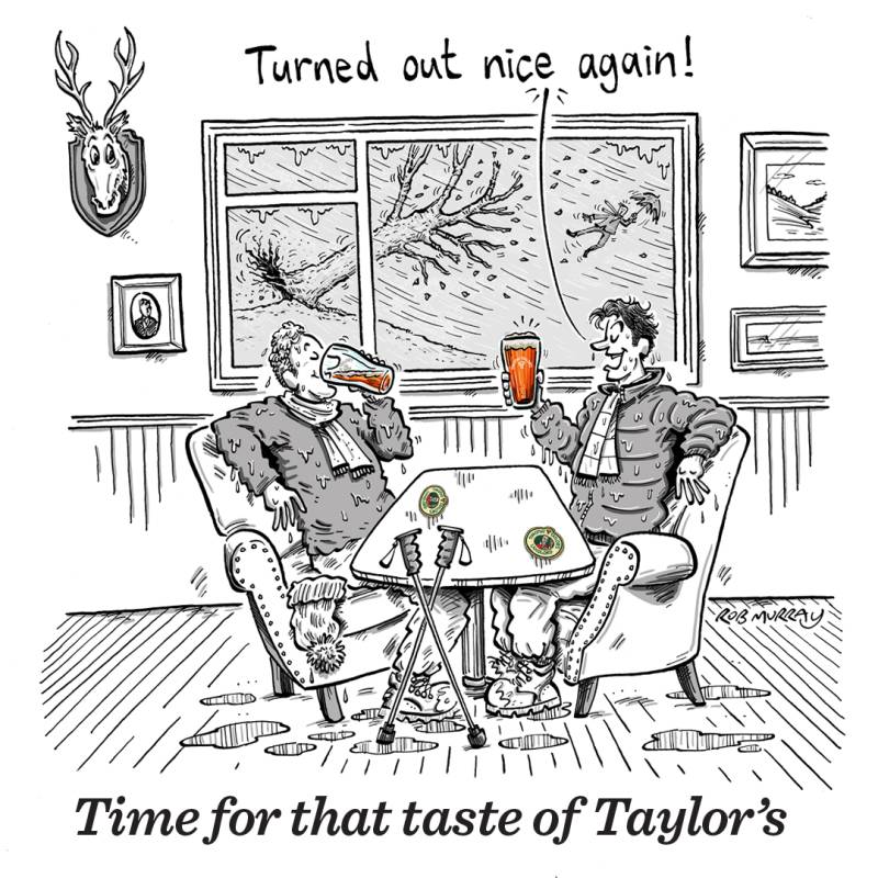 Timothy Taylor's cartoon advert depicting two friends enjoying a pint while a storm rages outside. One man says 'Turned out nice again' referencing the beer