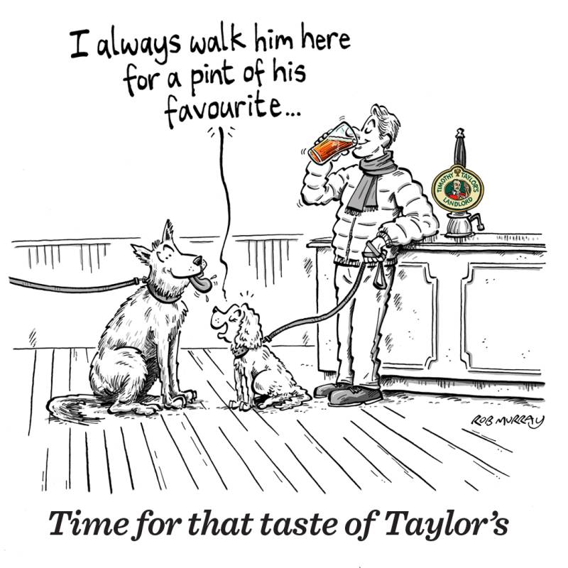 Timothy Taylor's cartoon advert depicting a man drinking a beer after his dog has led them to the pub.