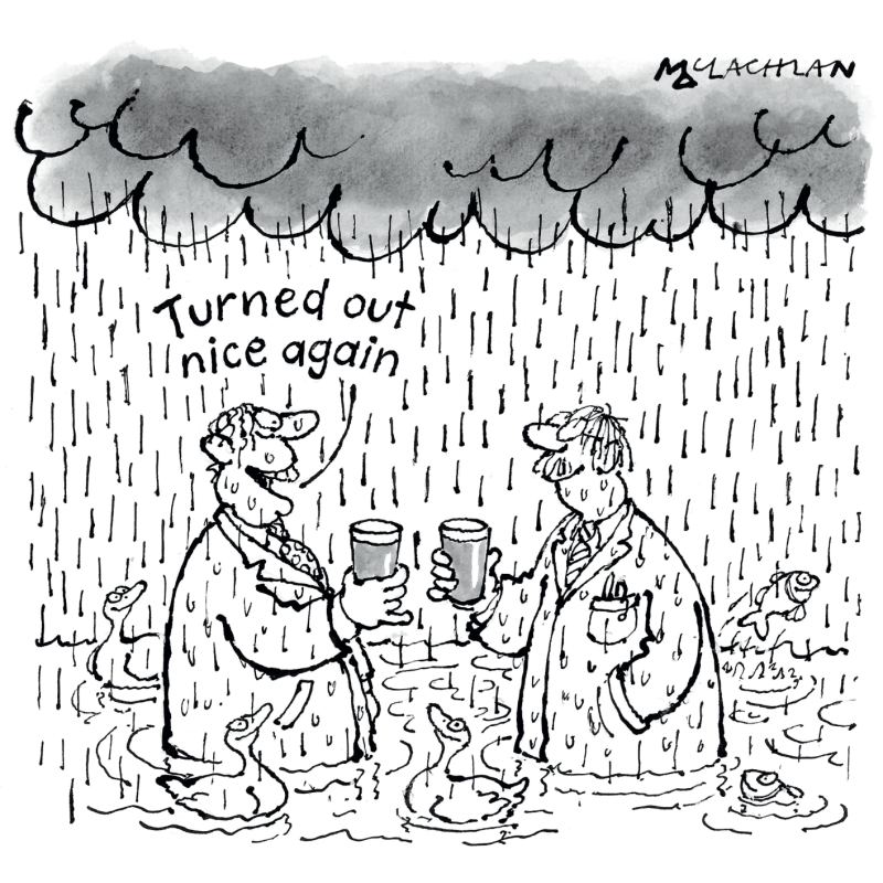 Timothy Taylor's cartoon advert depicting two brewers stood in the rain, one says 'Turned out nice again' referencing the spring water we use in our beers